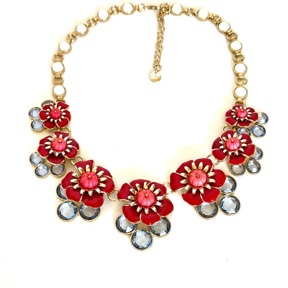 TALBOTS | Bold Red & Blue Flower Blossoms & Crystal Statement Necklace | NWOT - Picture 2 of 9